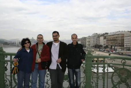 On a bridge above the Duna (Danube) with Pest on the right, and Buda on the left (hence, Buda-Pest!)