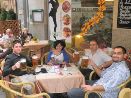 Enjoying giants mugs of beer in Budapest!